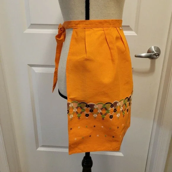 Vintage Jean Bart Orange Linen Floral Cottage Core MCM Embroidered Apron - Picture 4 of 6
